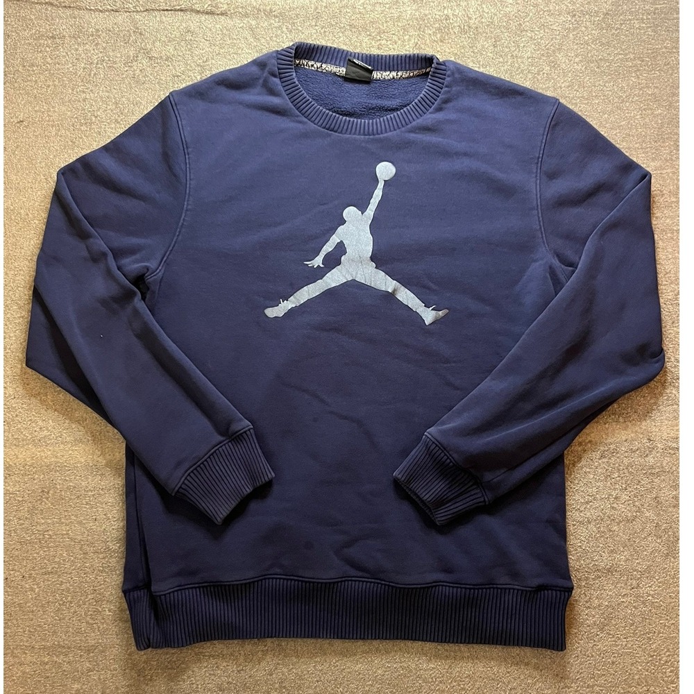 Jordan Jumpman Crewneck Sweatshirt Navy Blue Silver Logo Mens Large Pullover